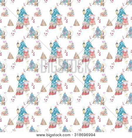 Watercolor Merry Christmas Seamless Patterns With Christmas Sprunce Tree And Rat And House, Holiday 