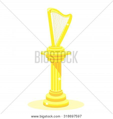 Golden Shiny Standing Harp. Gold Harp. Modern Flat Cartoons Style Vector Illustration Icons. Isolate