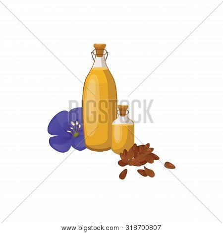 Glass Bottle Of Linseed Oil And Blue Flax Flower. Organic Product. Natural Cooking Ingredient. Bottl