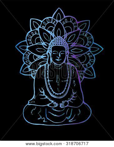 Illustration Of A Meditating Mandala Buddha. Color Mandala In The Style Of Sentangle. Street Art