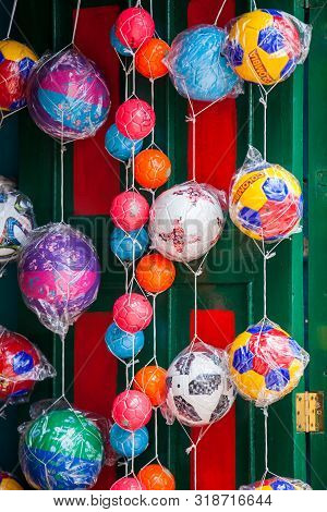 Mongui, Colombia - August, 2019: Traditional Factories And Stores Of Soccer Balls At The Beautiful S