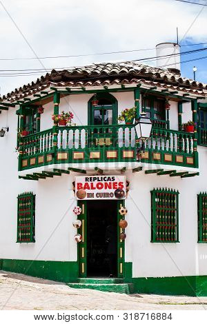 Mongui, Colombia - August, 2019: Traditional Factories And Stores Of Soccer Balls At The Beautiful S