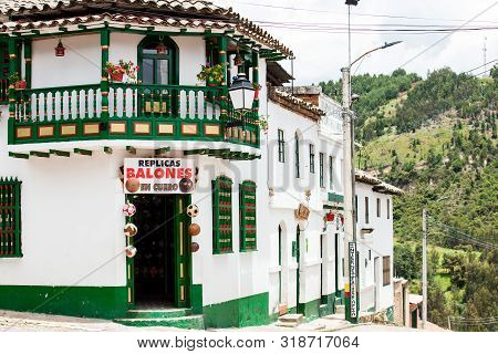 Mongui, Colombia - August, 2019: Traditional Factories And Stores Of Soccer Balls At The Beautiful S