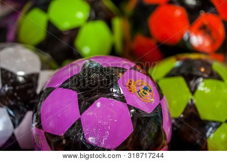 Mongui, Colombia - August, 2019: Traditional Factories And Stores Of Soccer Balls At The Beautiful S