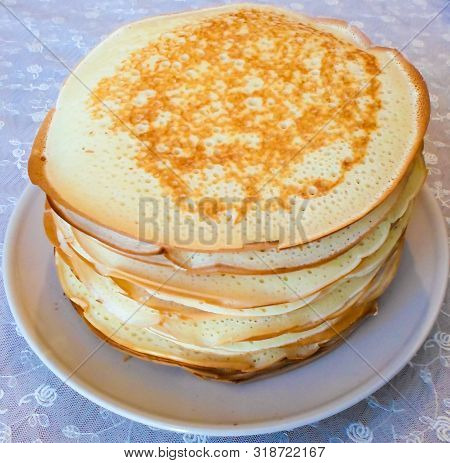 A Stack Of Traditional Russian Pancakes Pancakes On A White Background. Pancakes Homemade Russian Th