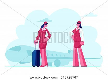 Stewardess Flight Attendant Air Hostess Girls Wearing Red Uniform And Cap Holding Suitcase Stand On 