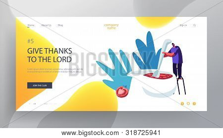 Cooking Process Website Landing Page. Tiny Male Character Mixing Tomato Sauce With Huge Spoon In Gra