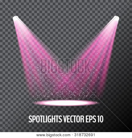 Glowing Purple Spotlights. Pair Of Illumination Stage Lights. Vector Illustration For Your Graphic D