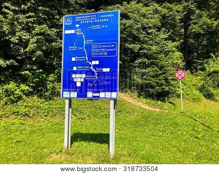Mrakovica, Bosina And Herzegovina - July 15, 2019. Touristic Signpost In Kozara Mountains