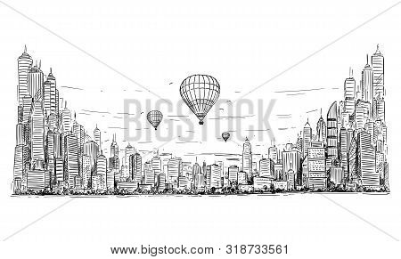 Vector Artistic Sketchy Pen And Ink Drawing Illustration Of Hot Air Balloons Over Generic City High 