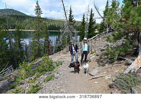 Two Female Hikers With Leahed Dogs On The Tam Mcarthur Rim Trail In The Three Sisters Wilderness Nea
