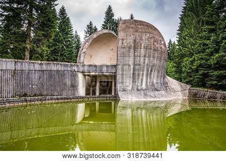 Bojiste, Bosnia And Herzegovina - July 15, 2019. Concrete Monument Spomenik Na Korcanici In Grmec Mo