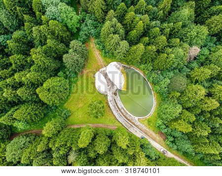 Bojiste, Bosnia And Herzegovina - July 15, 2019. Concrete Monument Spomenik Na Korcanici In Grmec Mo