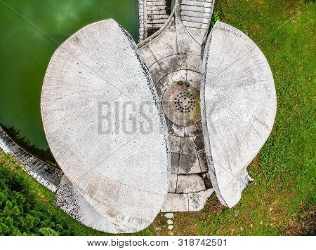 Bojiste, Bosnia And Herzegovina - July 15, 2019. Concrete Monument Spomenik Na Korcanici In Grmec Mo
