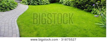 Garten Stein Weg mit Gras zwischen den Steinen wachsen