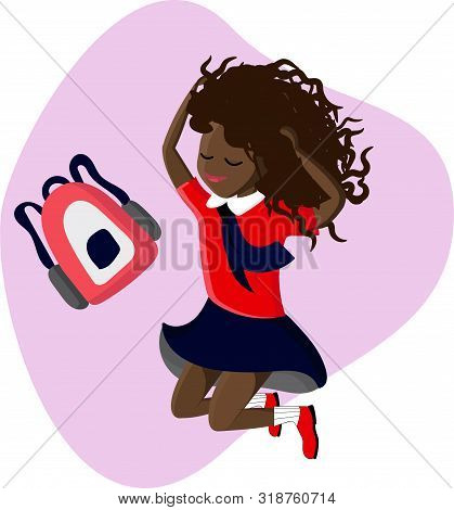 African Girl Goes To School. The Child Of The Third World Countries In A Hideous Uniform Rejoices An