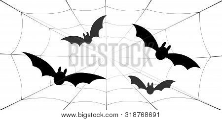 Bat Icons Set. Bat Wings, Black Web Silhouette Isolated White Background. Symbol Halloween Holiday, 