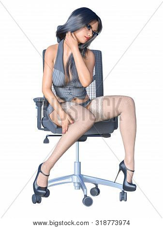 Long-haired Sexy Brunette Secretary Uniform White Stocking.short Mini Skirt Striped Jacket.beautiful