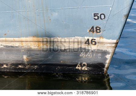 Old Ship Draft On Hull, Scale Numbering. Distance Between Waterline And Bottom Keel.