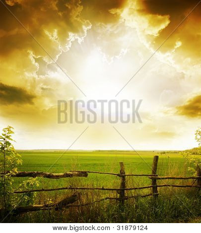 Sonnenuntergang am Feld am Sommer