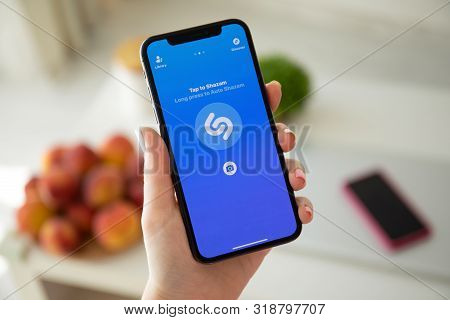 Anapa, Russia - July 22, 2019: Woman Hand Holding Iphone X With Music Service Shazam On The Screen. 