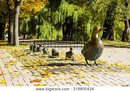 Russia, Moscow, October 2018: Monument To The Road Ducklings In The Park Novodevichy Ponds In Autumn