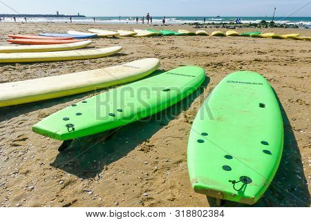 Scheveningen, The Netherlands -august 24 2019: Surfboards From Surf School At Scheveningen Beach