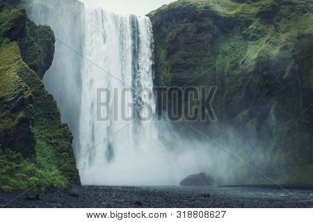Beautiful Scenery Of The Majestic Skogafoss Waterfall, Iceland