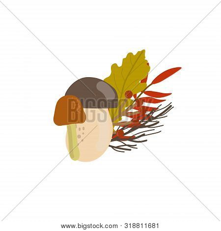 Beautiful Autumncomposition With Mushroom, Berries And Leaves. Autumn Bouquet. Vector Illustration. 