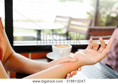 Woman Wrist Hand Arm Pain Long Use Mouse Working. Office Syndrome Healthcare And Medicine Concept