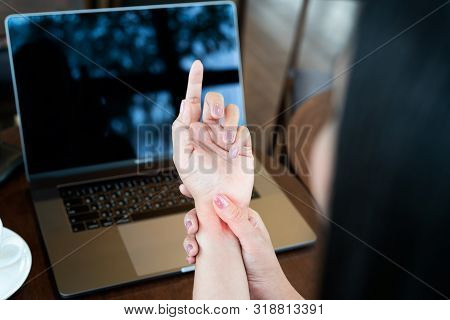 Woman Wrist Hand Arm Pain Long Use Mouse Working. Office Syndrome Healthcare And Medicine Concept