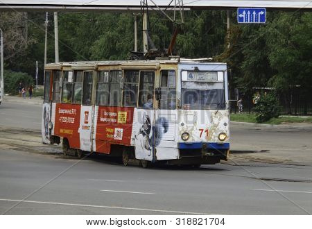 Kazakhstan, Ust-kamenogorsk, August 9, 2019: Old Soviet Tram Ktm 5 (71-605). Public Transport