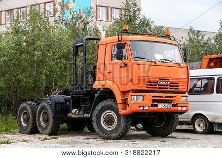 Novyy Urengoy, Russia - August 9, 2019: Semitrailer Offroad Truck Kamaz 65225 In The City Street.