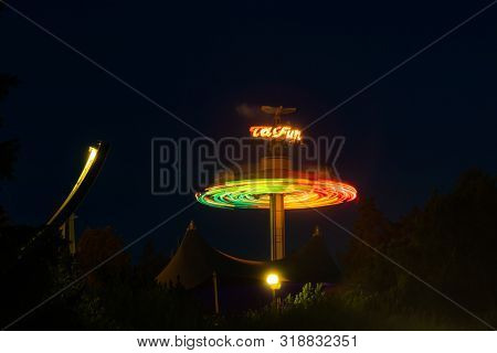 Kouvola, Finland - 24 August 2019: Rotating Ride Taifun In Amusement Park Tykkimaki.