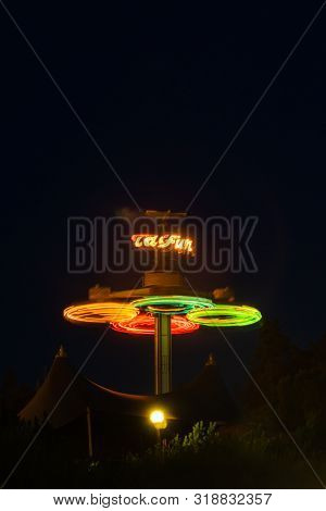 Kouvola, Finland - 24 August 2019: Rotating Ride Taifun In Amusement Park Tykkimaki.