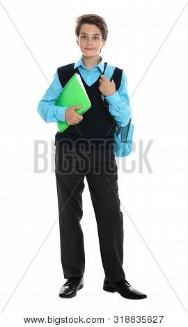 Happy Boy In School Uniform On White Background