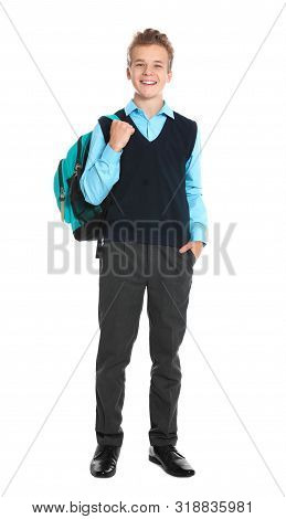 Happy Boy In School Uniform On White Background