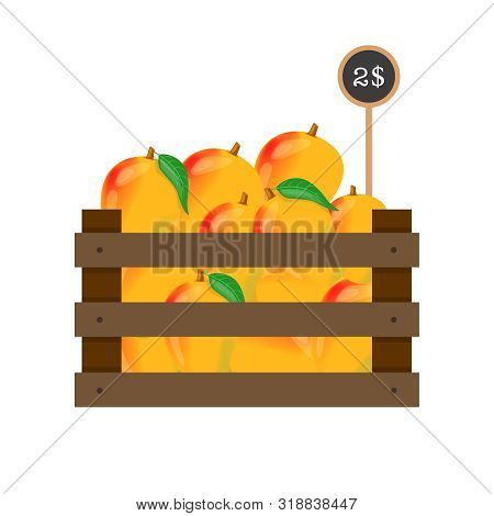 Mango With Price Tag In Wooden Grate On White Background.