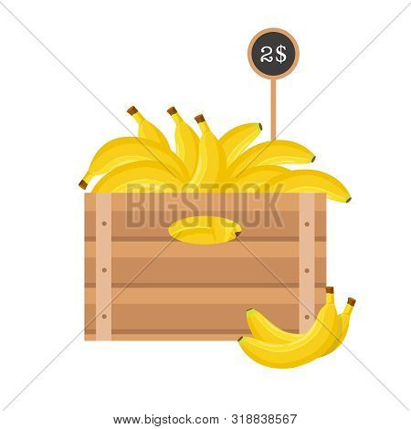 Bananas With Price Tag In Wooden Grate On White Background.