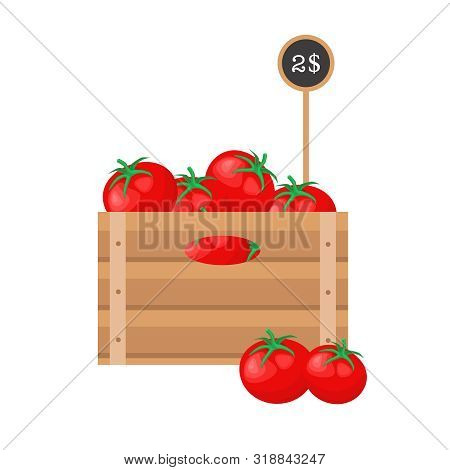 Tomatoes With Price Tag In Wooden Grate On White Background.