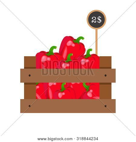 Pepper With Price Tag In Wooden Grate On White Background.