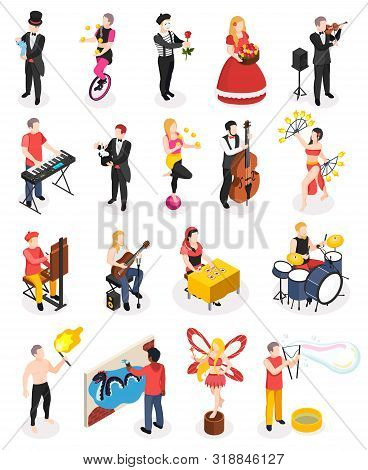 Street Artists Musicians Master Of Fire Show Magicians Living Statues And Florist Isometric People I