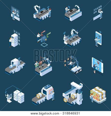 Smart Industry With Robotized Manufacturing Remote Control And  Production Data Center Isometric Ico
