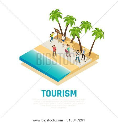 People With Back Packs During Travel Along Sea Shore With Palm Trees Isometric Composition Vector Il