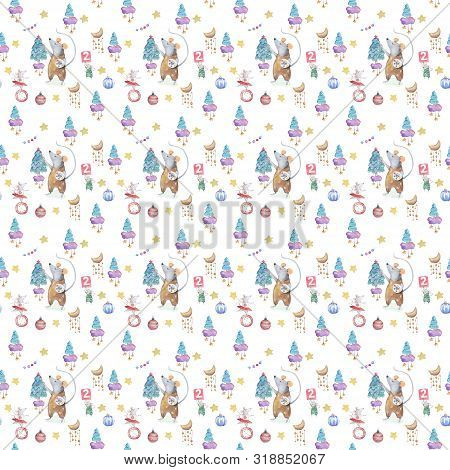 Watercolor Merry Christmas Seamless Patterns With Christmas Sprunce Tree And Rat And House, Holiday 