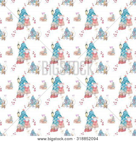 Watercolor Merry Christmas Seamless Patterns With Christmas Sprunce Tree And Rat And House, Holiday 