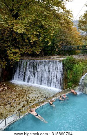 Loutra, Aridea, Greece-october 13: The Tourists Swimming In Water From Hot Springs In Loutra, Aridea