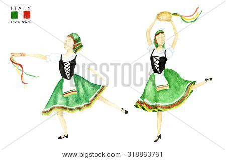Green National Costume Dancing An Italian Tarantella With A Tambourine On White Background. Set Of W