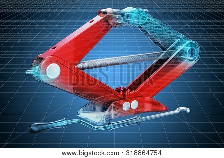 Visualization 3d Cad Model Of Scissor Jack, Car Lifter Blueprint. 3d Rendering