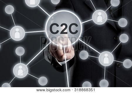 Executive Businessman In Suit Touching C2c Button In Network With People Icons On Virtual Touch Scre